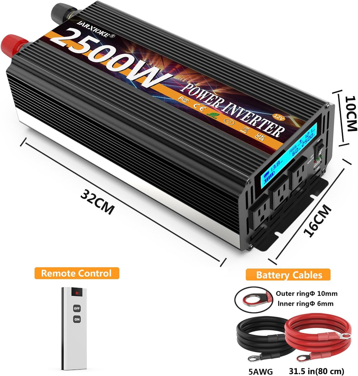 2500W Power Inverter 12V DC to AC 110V/120V (Peak) 5000W Converter 3 sockets car Inverter with Remote Control and LED Display 3.4A USB Port