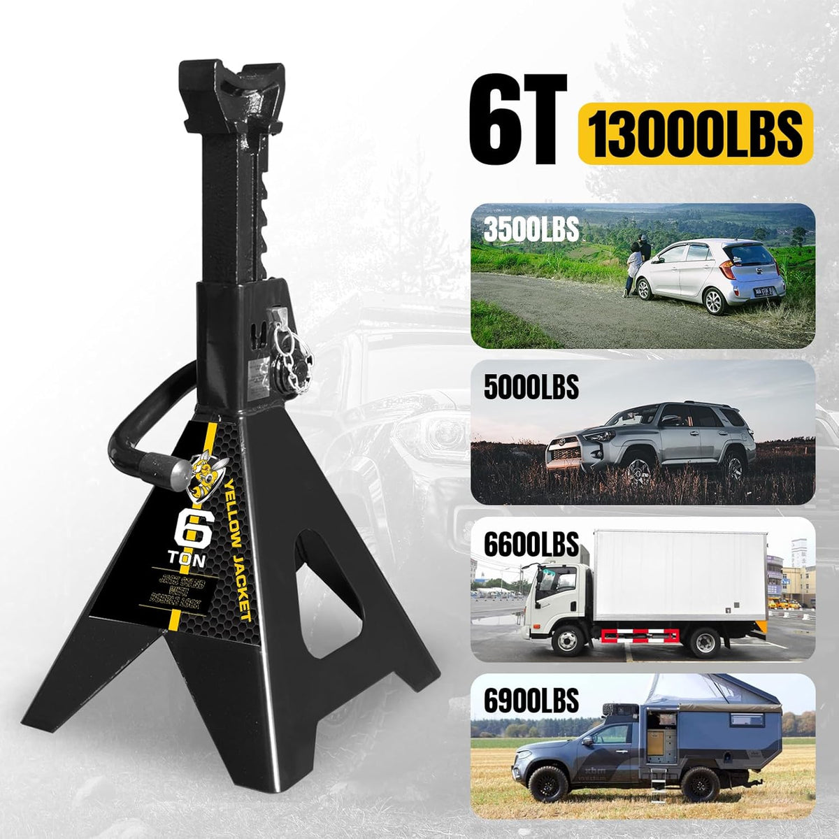 YELLOW JACKET Jack Stands 6 Ton with Double Locking for Lifting Car SUVS, Heavy Duty Steel, 13000 lb Capacity, 1 Pair, Black