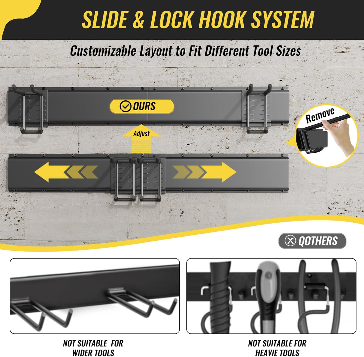 Garage Tool Rack Wall Mount – 32 Inches Heavy-Duty Garden Tool Holder with 4 Adjustable Hanging Hooks – Garage Wall Storage Organizer for Shovel, Rake – Max Load 360 lbs (32 inch)