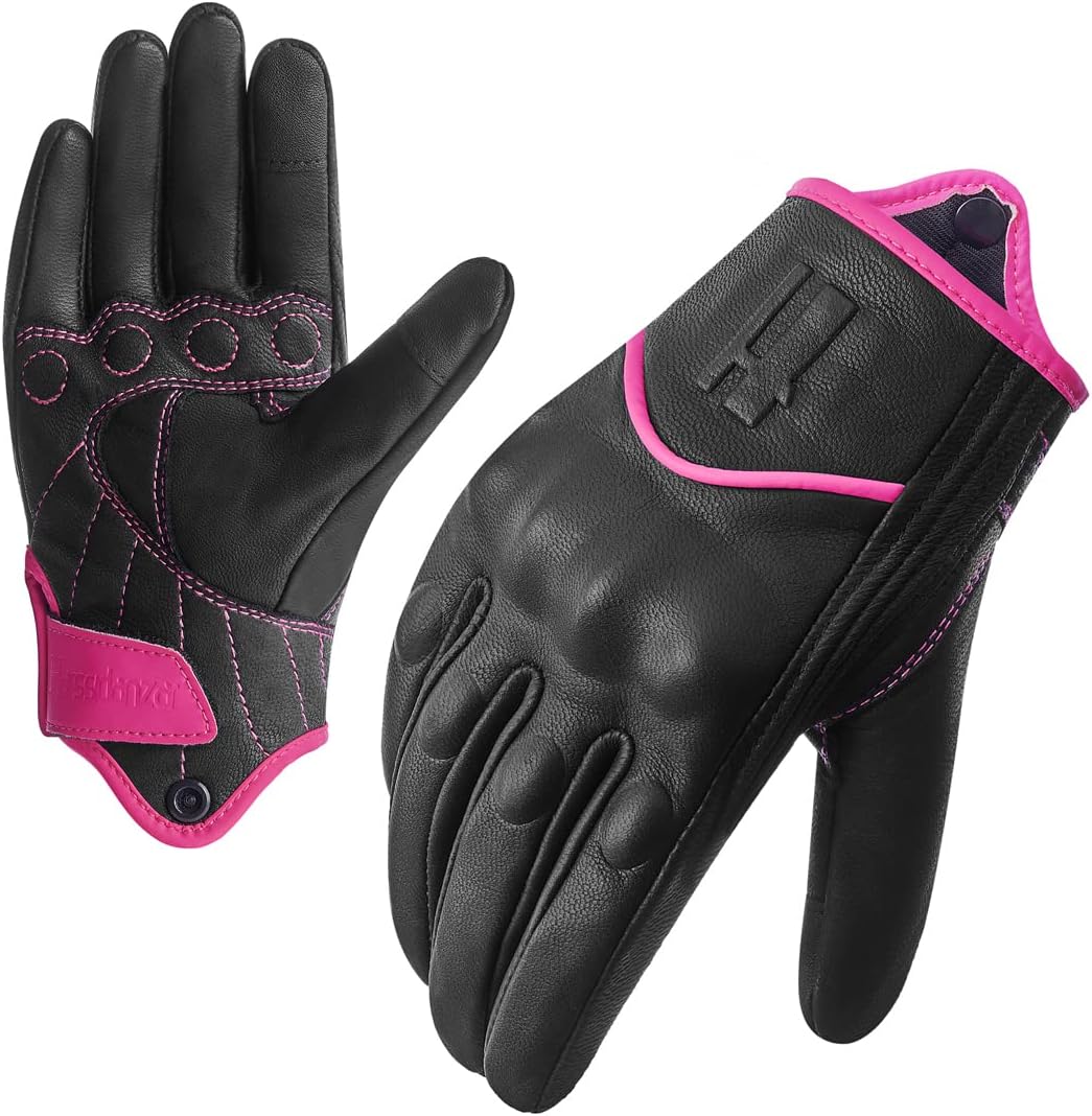 Harssidanzar Women's Motorcycle Gloves,Leather Motorcycle Gloves, Motorbike Gloves, Road Racing, Cycling, Climbing, Powersports Gloves Touchscreen GL016