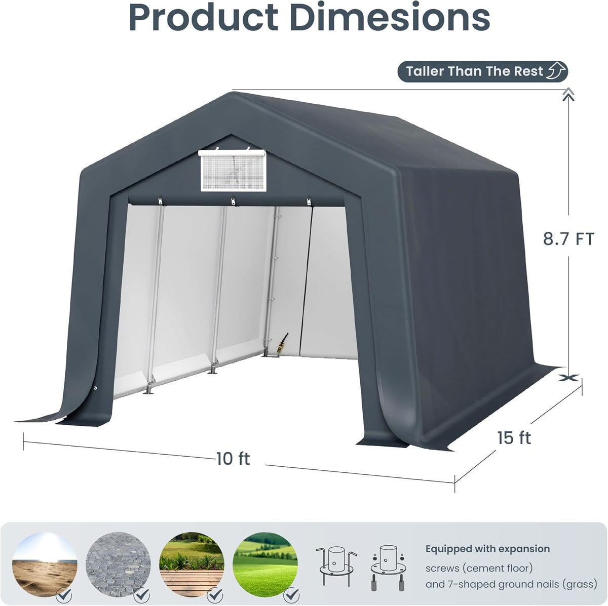 PHI VILLA 10'X15'*8.7' Outdoor Portable Storage Shelter Shed Garage with 2 Roll up Zipper Doors & Vents Carport for Motorcycle Waterproof and UV Resistant Anti-Snow Portable Garage Kit Tent, Gray