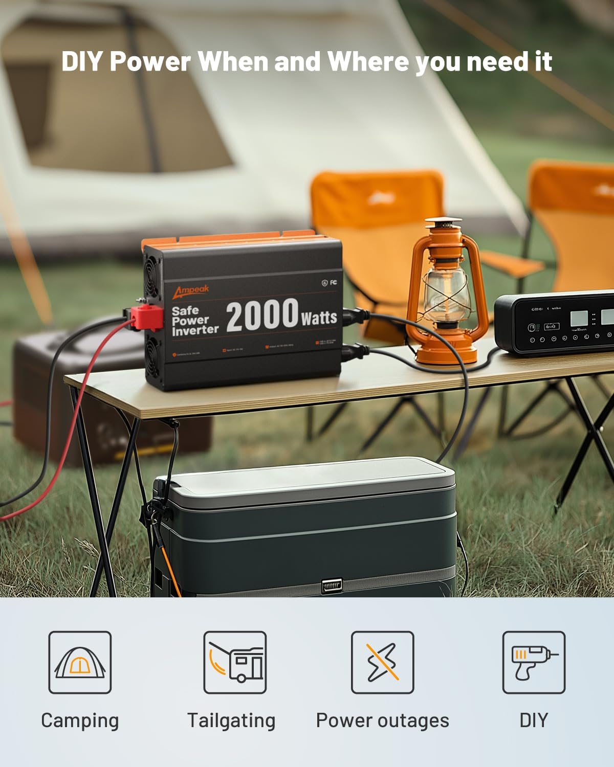 Ampeak 2000W Power Inverter, Inverter 12V to 110V Modified Sine Wave, High Conversion Efficiency 89%, 30W PD 18W USB, 3 AC Outlets for Camping