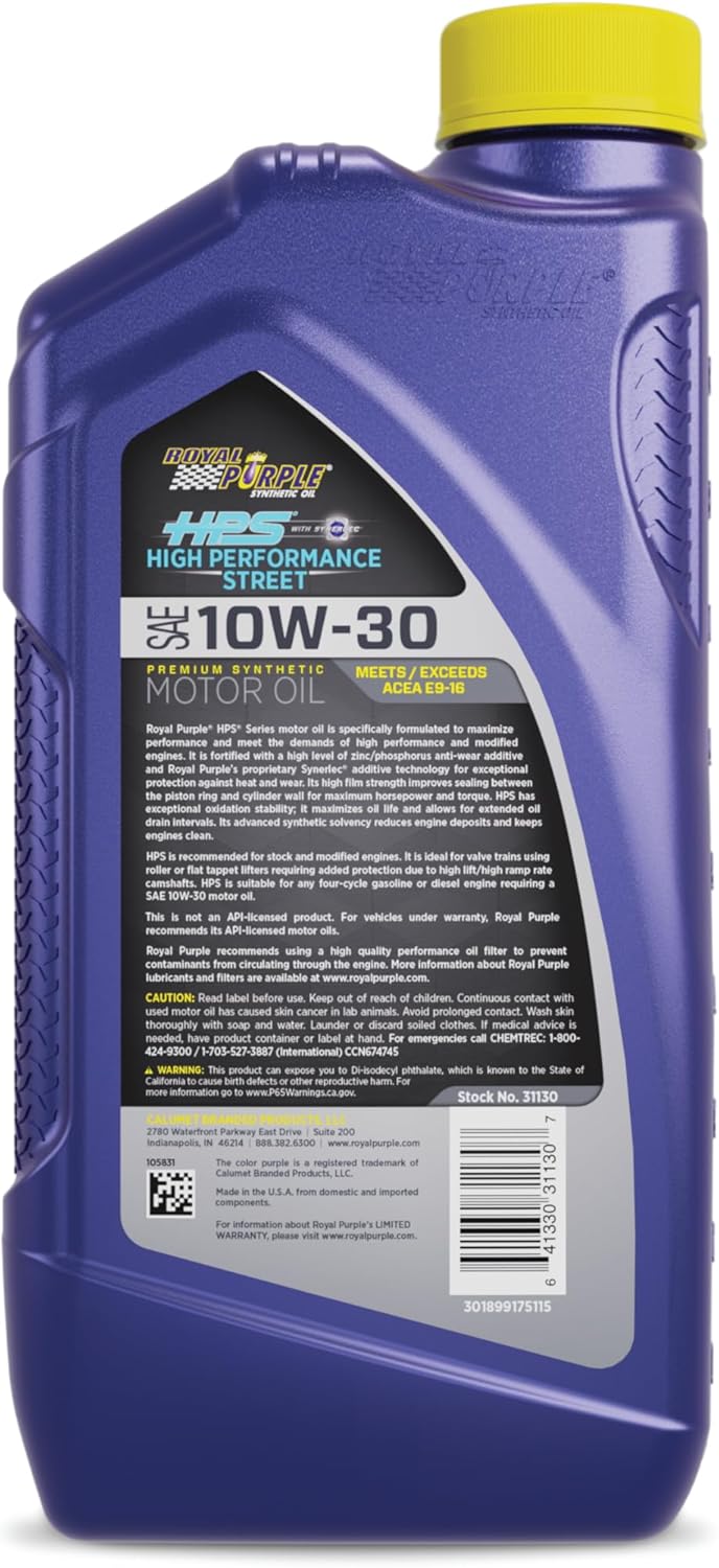 Royal Purple (36130-6PK HPS 10W-30 Synthetic Motor Oil with Synerlec Additive Technology - 1 Quart, (Case of 6)