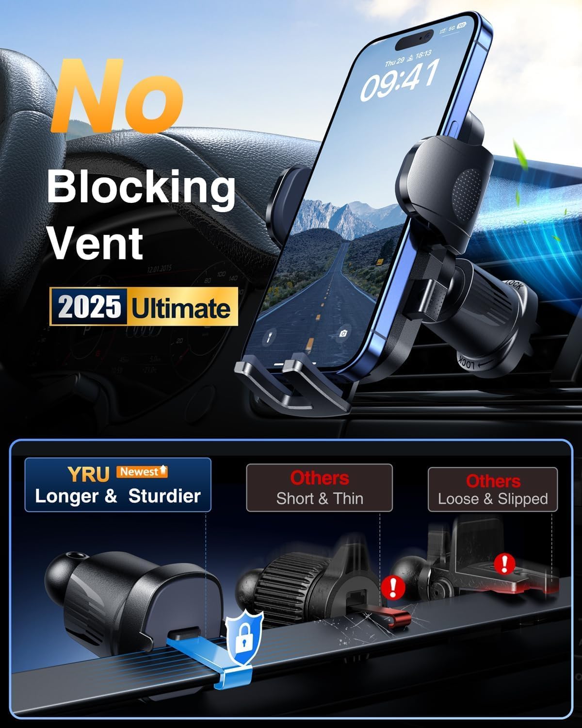 YRU True Military-Grade & 360 Degrees Rotatable Suction 2025 Ultimate Car Phone Holder Mount 90+LBS Safest Strongest Patent Certs Dashboard Windshield Vent for iPhone 16 15 Pro Max Samsung Dark Black