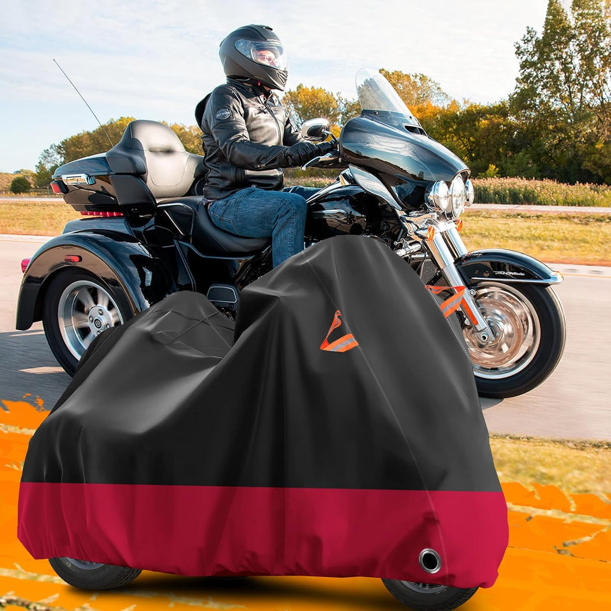 Trike Motorcycle Cover, Outdoor Waterproof Vehicle Cover with Windproof Buckle Reflective Strip for Harley Davidson, Honda Gold Wing, Kawasaki 3 Wheel Motorcycle Accessories (Black&Red)