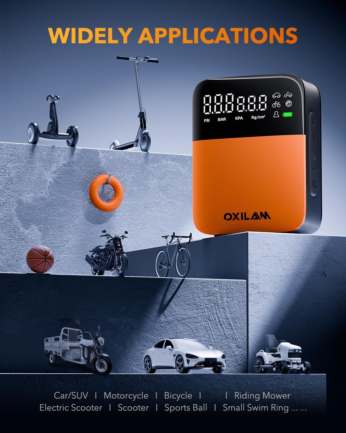 OXILAM C1 Tire Inflator Portable Air Compressor - Rechargeable 3x Faster Air Pump For Car Tires With Tire Pressure Gauge, 150psi Cordless Air Compressor For Car, Motorcycle, Bike, Ball And More
