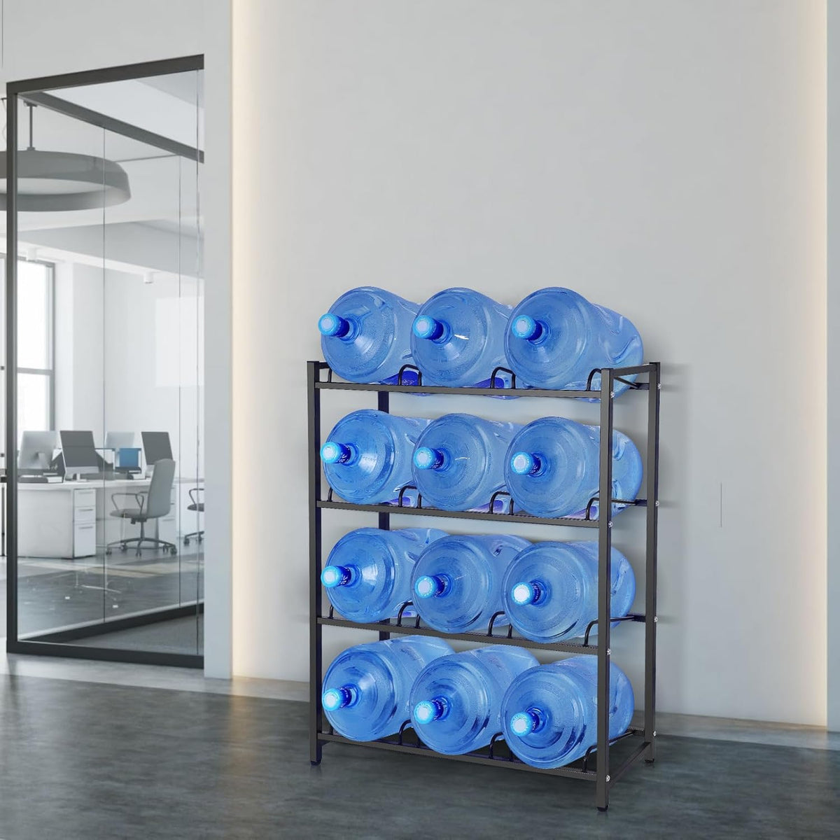 jolybebe 5 Gallon Water Jug Holder for 12 Bottles Without Wobbling, New Upgraded Heavy Duty 4 Tier Thicken Water Bottle Storage Rack for Home, Office, Kitchen, Warehouse, Garages Black