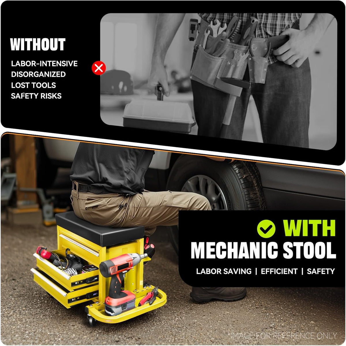 Auto Dynasty 3-Drawer Mechanic Rolling Seat, 350 LBS Capacity Roller Garage Shop Seat with Storage Tool Tray for Workshop, Repair Shop, Warehouse, Yellow