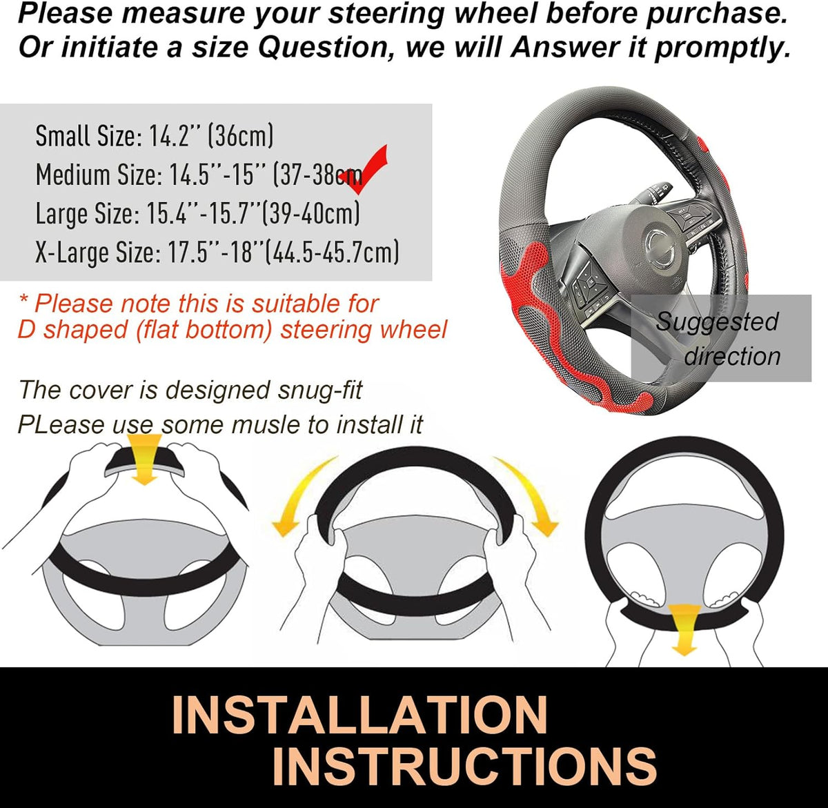 PINCTROT D Shaped Comfy Grip Steering Wheel Cover, Anti-Slip Design, Flat Bottom 14.5-15 Inch(Silicone Red)