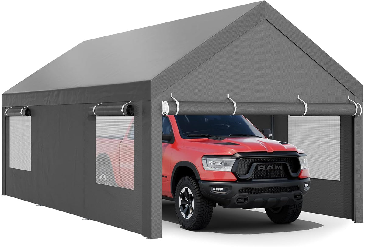 JY QAQA Carport, 12x20 FT Heavy Duty Carport with Removable Side Walls and Doors, Car Canopy with All-Season Tarp for Cars, Grey