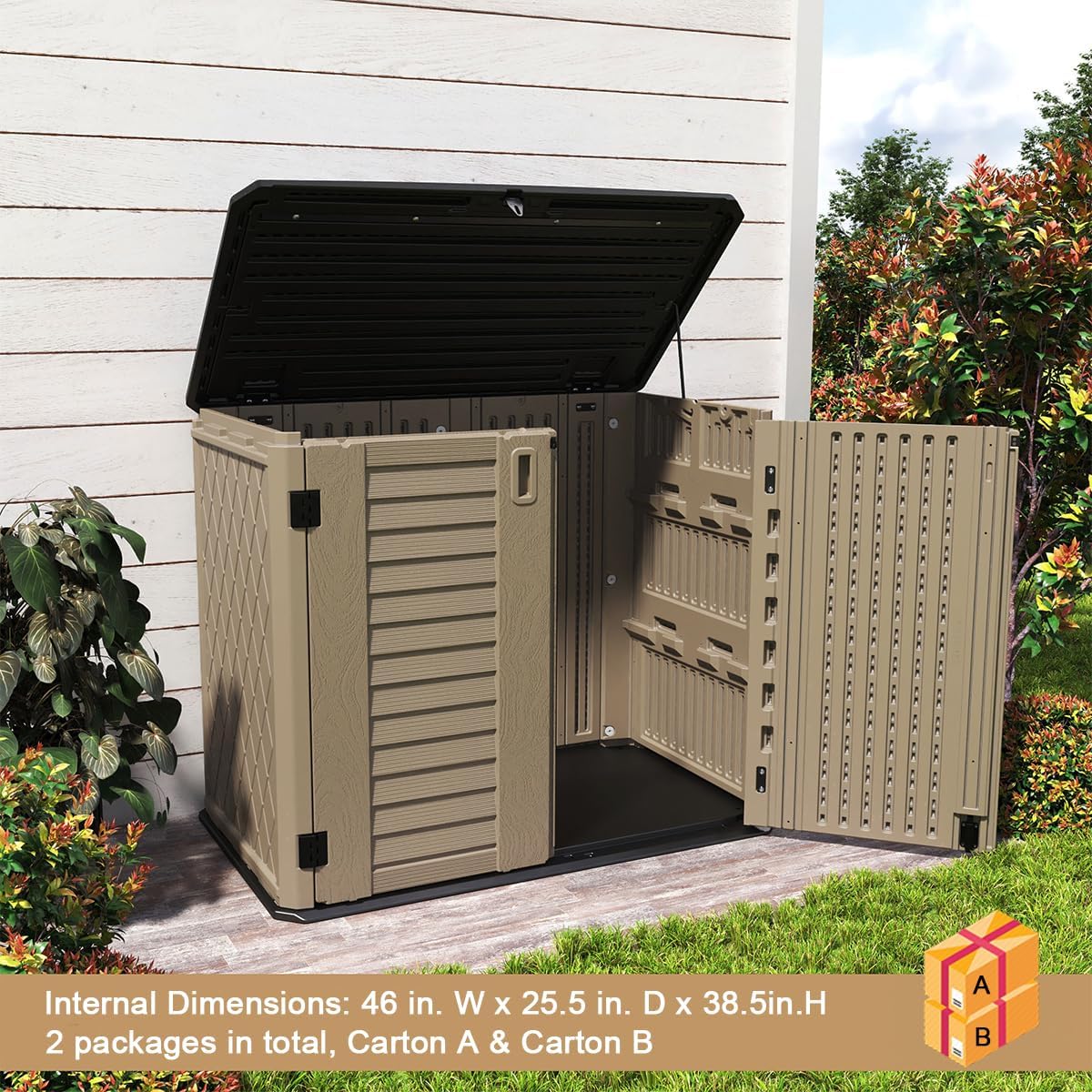 KINYING Outdoor Storage Shed - Horizontal Storage Cabinet Waterproof for Garden, Patio, Backyard, Storage Box for Easy Storage of Garbage Cans, Tools, Lawn Mower, 35 Cubic Feet,Dark Brown