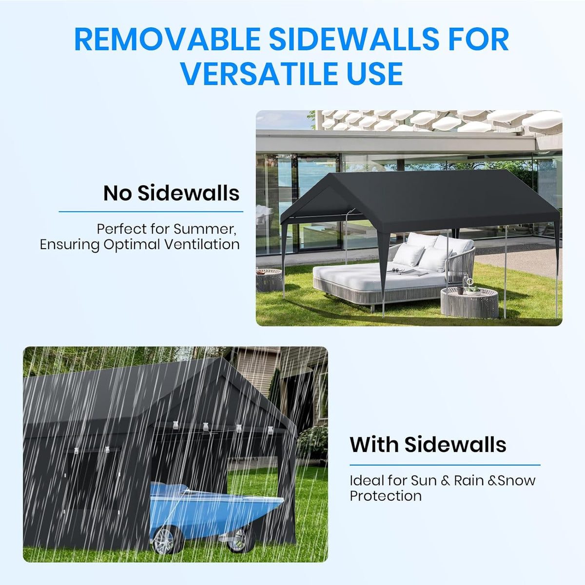 Carport 10x20 FT Heavy Duty,Outdoor Portable Garage with Removable Sidewalls & Doors, Waterproof, UV-Resistant Canopy Shelter for Vehicles, Boats, RVs, Trucks, All-Season Car Port, Gray