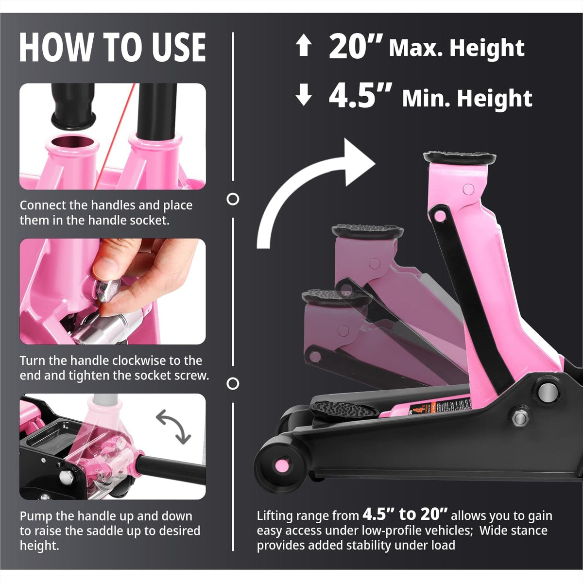 DNA MOTORING Floor Jack 4 Ton (8000 lbs) Capacity, Fast Lift Low Profile Hydraulic Trolley Jack, Steel Heavy-Duty Service Car Jack, Lifting Range 4.5"-20", Pink, TOOLS-00308-PK