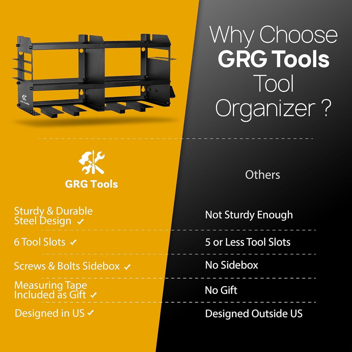 GRG Tools Heavy-Duty Power Tool Organizer – Wall Mounted Drill Rack for 6 Cordless Drills, Garage & Workshop Tool Storage Shelf with Screws & Bolts Side Box, 300LBS Load Capacity, Sturdy Metal Design