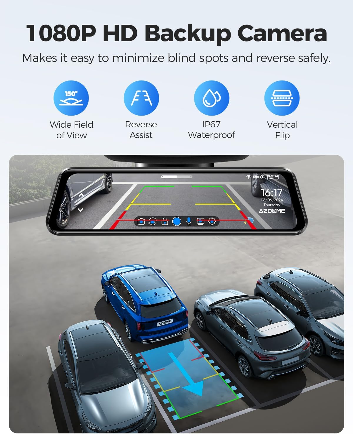 AZDOME PG17 12" 4K Mirror Dash Cam Front and Rear, Wi-Fi 6 Rear View Mirror Camera with 64GB Card, Voice Control Dash Camera for Car, Rearview Mirror Camera with GPS Night Vision Parking Assistance
