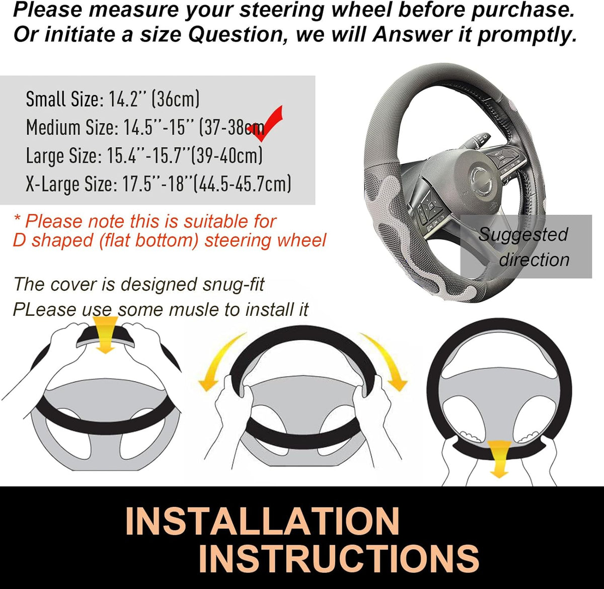 PINCTROT D Shaped Comfy Grip Steering Wheel Cover, Anti-Slip Design, Flat Bottom 14.5-15 Inch(Silicone Gray)