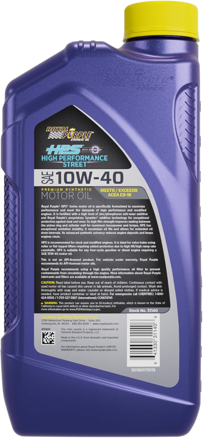 Royal Purple 31140 HPS 10W-40 High Performance Street Synthetic Motor Oil with Synerlec - 1 Quart Bottle