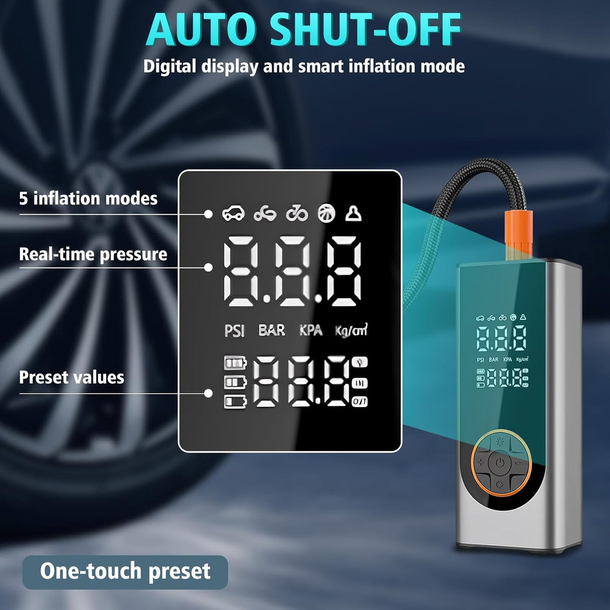 LiveGo Tire Inflator Portable Air Compressor, 150 PSI Cordless Air Pump with Rechargeable 18000mAh Battery and Tire Digital Pressure Gauge, Portable Tire Inflator for Car, Motorcycle, Bike, Ball