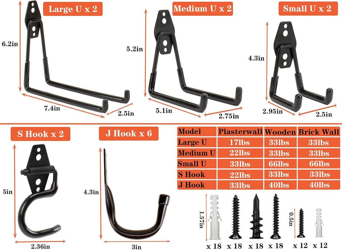 TocTen Garage Hooks, 14 Pack Garage Storage Hook Heavy Duty Solid Steel Wall Hooks, Wall Mount Storage Hook Kit with Anti-Slip Coating Ladder Hooks for Hanging Garden Tools Chair Hose Ropes (Black)