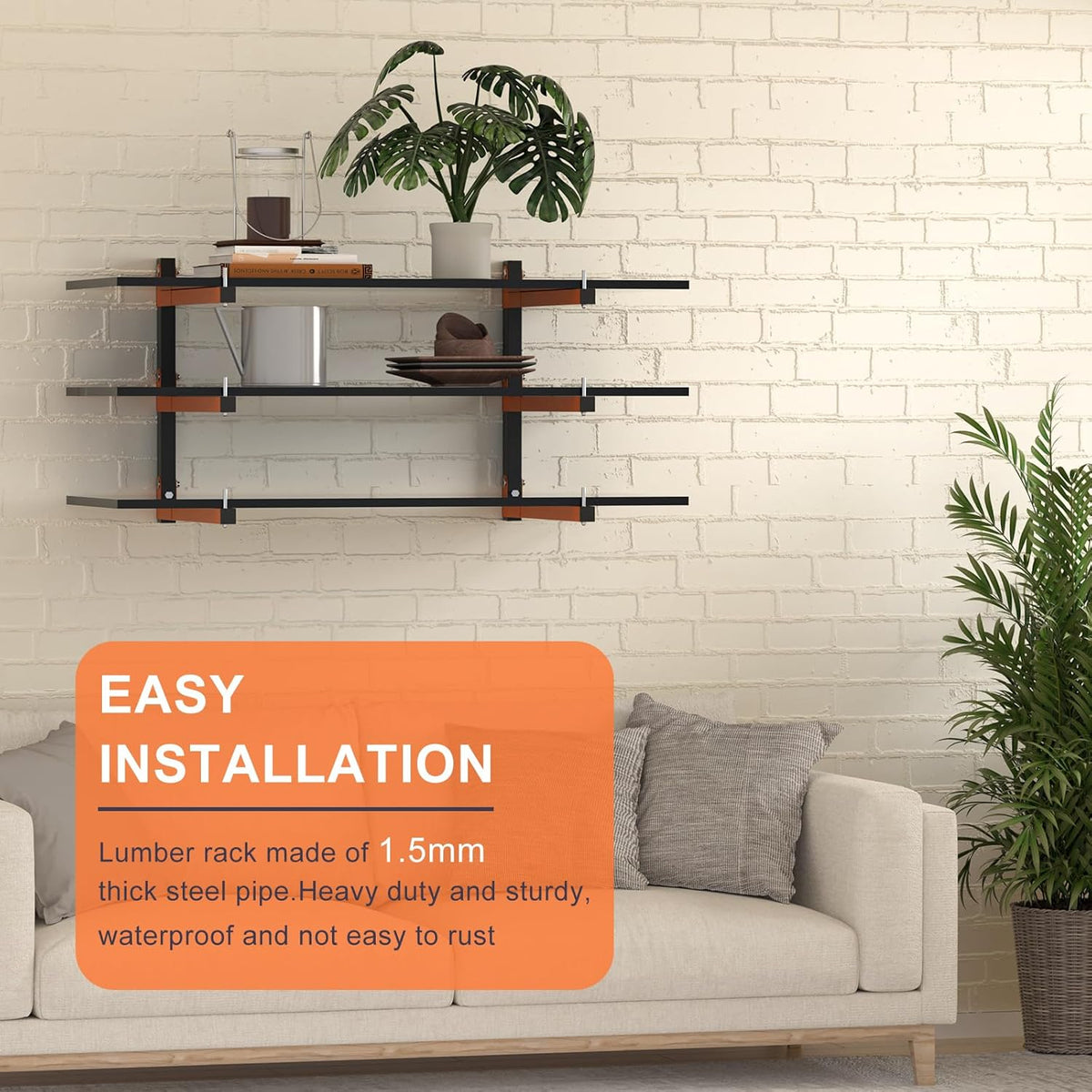 2 Pack Lumber Storage Rack, Heavy Duty Wood Storage Racks with 3-Level System 360 LBS Sturdy Garage Wood Organizer, Orange Lumber Metal Racks for Indoor and Outdoor