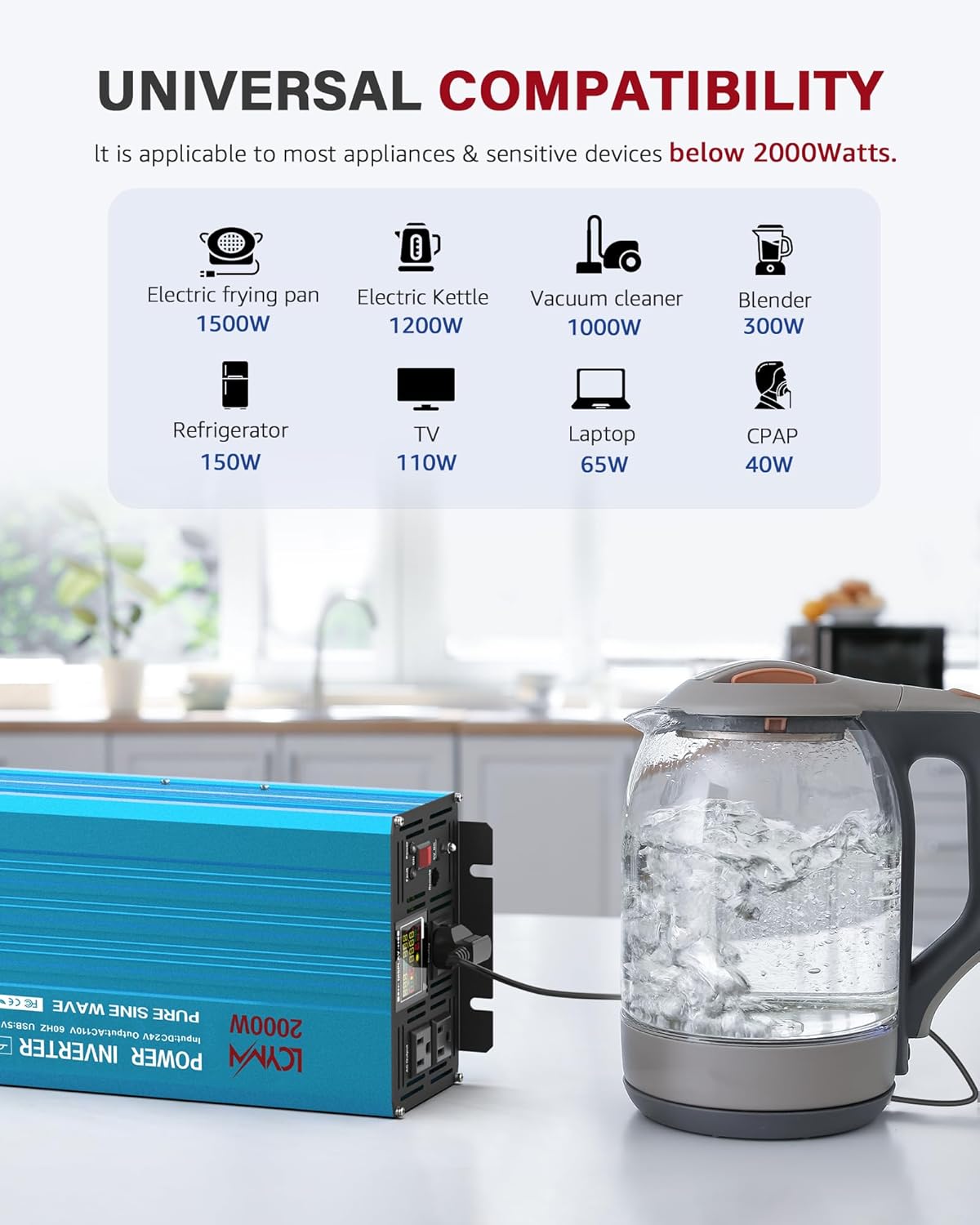 2000 Watt Inverter Pure Sine Wave DC 24V to 110V/120V AC Power Inverters with 3 AC Charger Outlets Car Solar Converter for Vehicles Home with LCD Display and 2.4A USB Charging Port