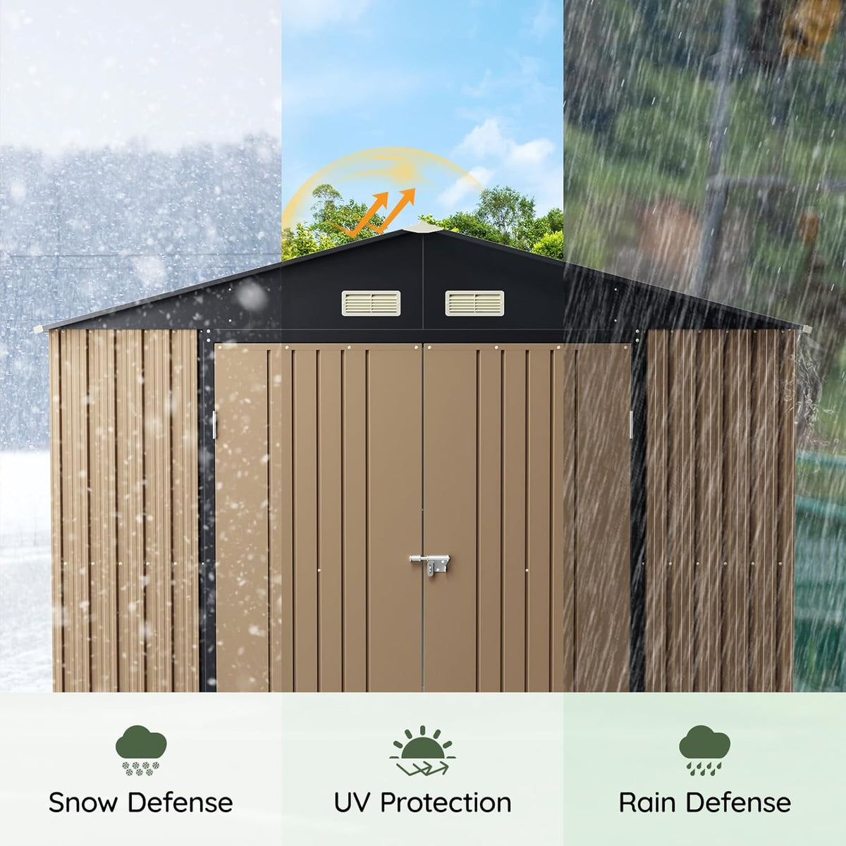 10x10 FT Outdoor Metal Storage Shed, Double Swing Doors, 2 Clear Windows,Tool Shed for Garden, Patio, Backyard Brown