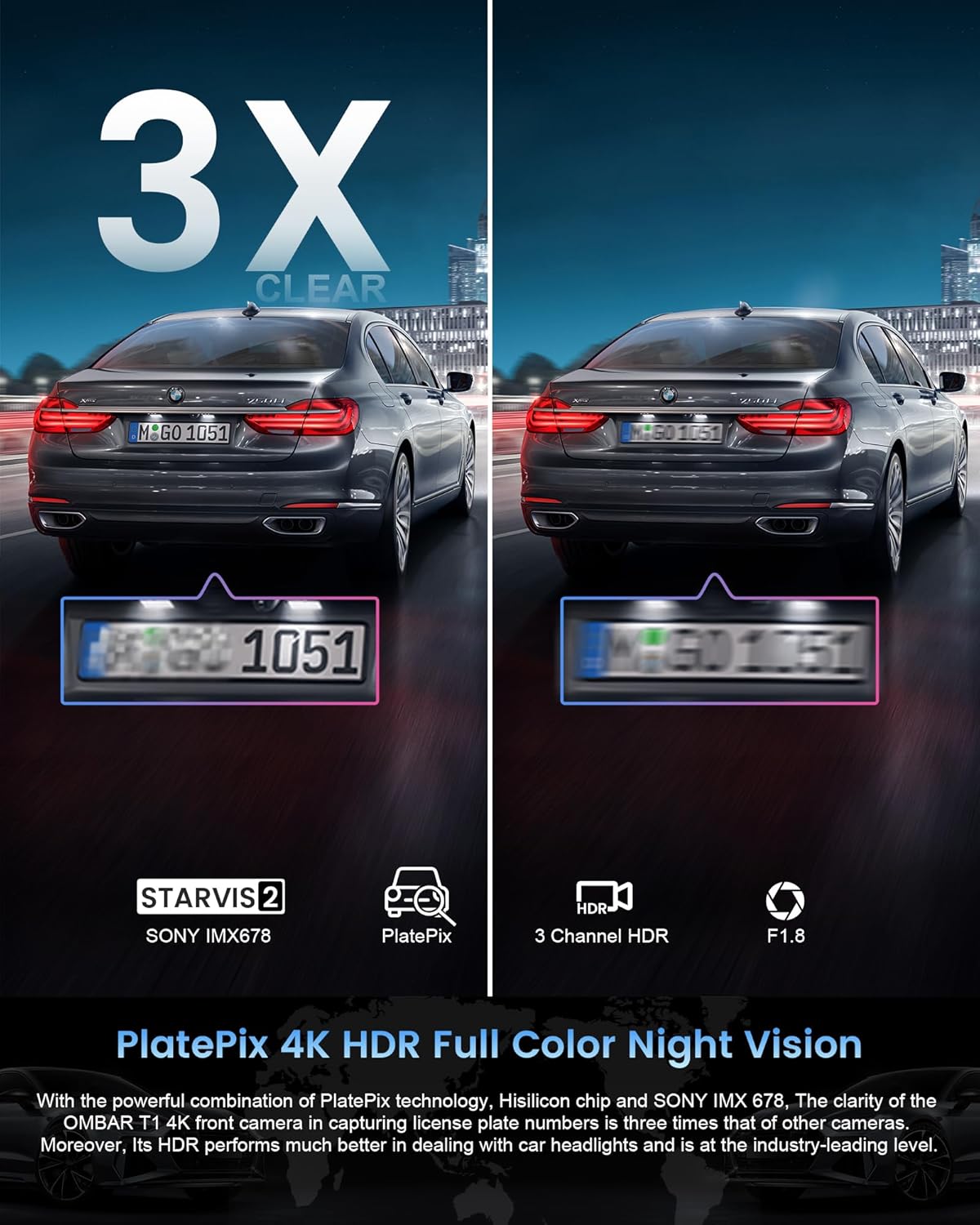 OMBAR T1 4K 3 Channel Dash Cam, STARVIS 2 IMX678 Sensors, Free 128GB Card, 2025 New Full Color HDR Night Vision, 4K+1080P+1080P Triple Car Camera,5G WiFi, 24H Parking Mode, Support 512GB Max