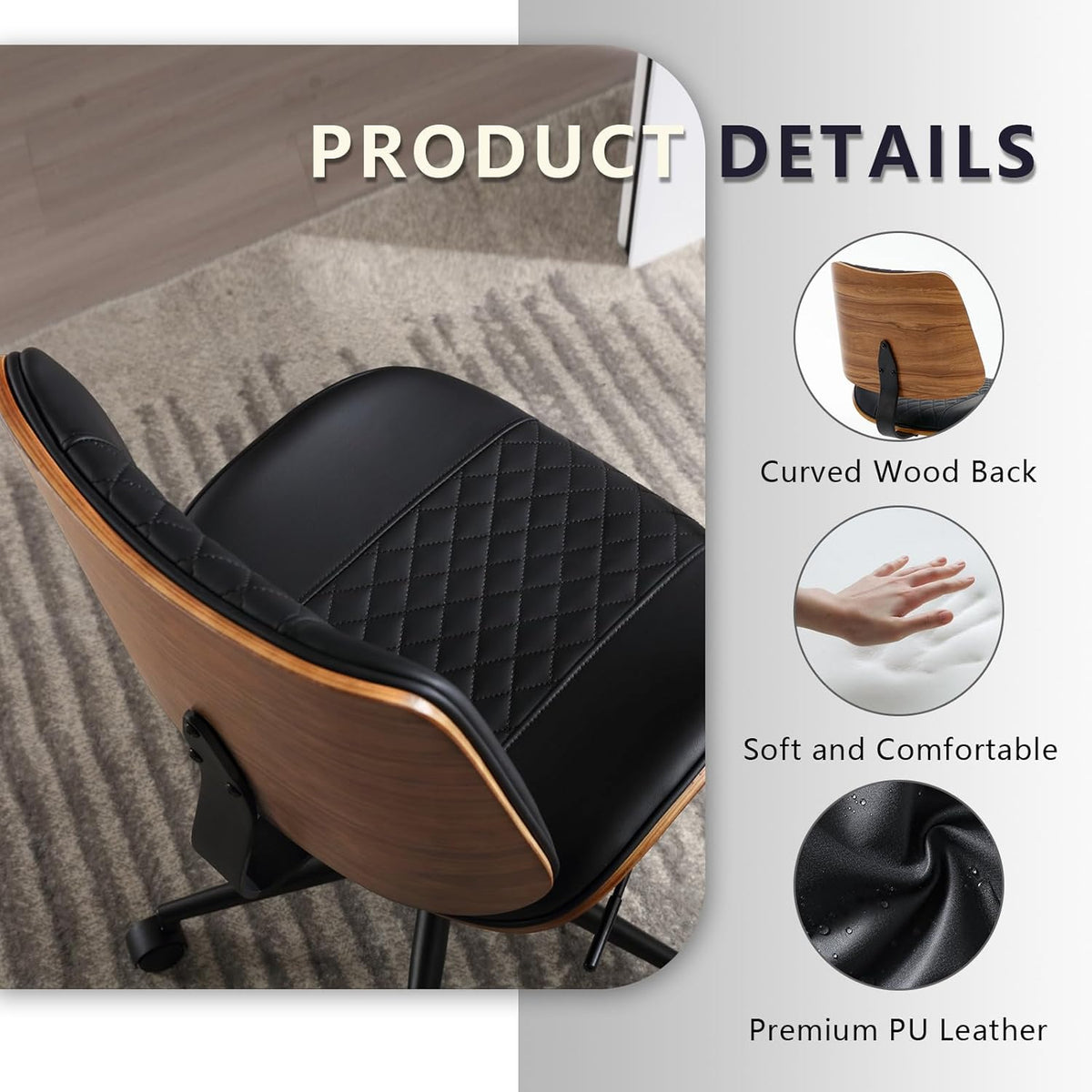 Home Office Chair No Arms with Wheels, Adjustable Height Small Desk Chair, PU Leather Mid Back 360 Swivel Computer Chair, Armless Modern Walnut Chair for Office, Reading Meeting Room(Black)