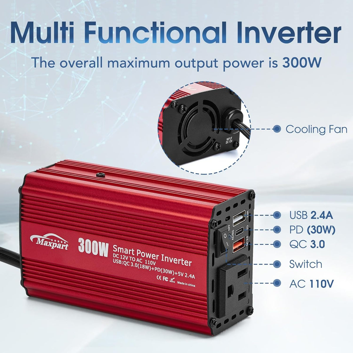 300W Car Power Inverter,12V DC to 110V AC Inverter Converter for Vehicles, PD (Type-C) QC3.0 and 2.4A USB Car Adapter with Cigarette Lighter Ports for Smartphones Laptops Tablets