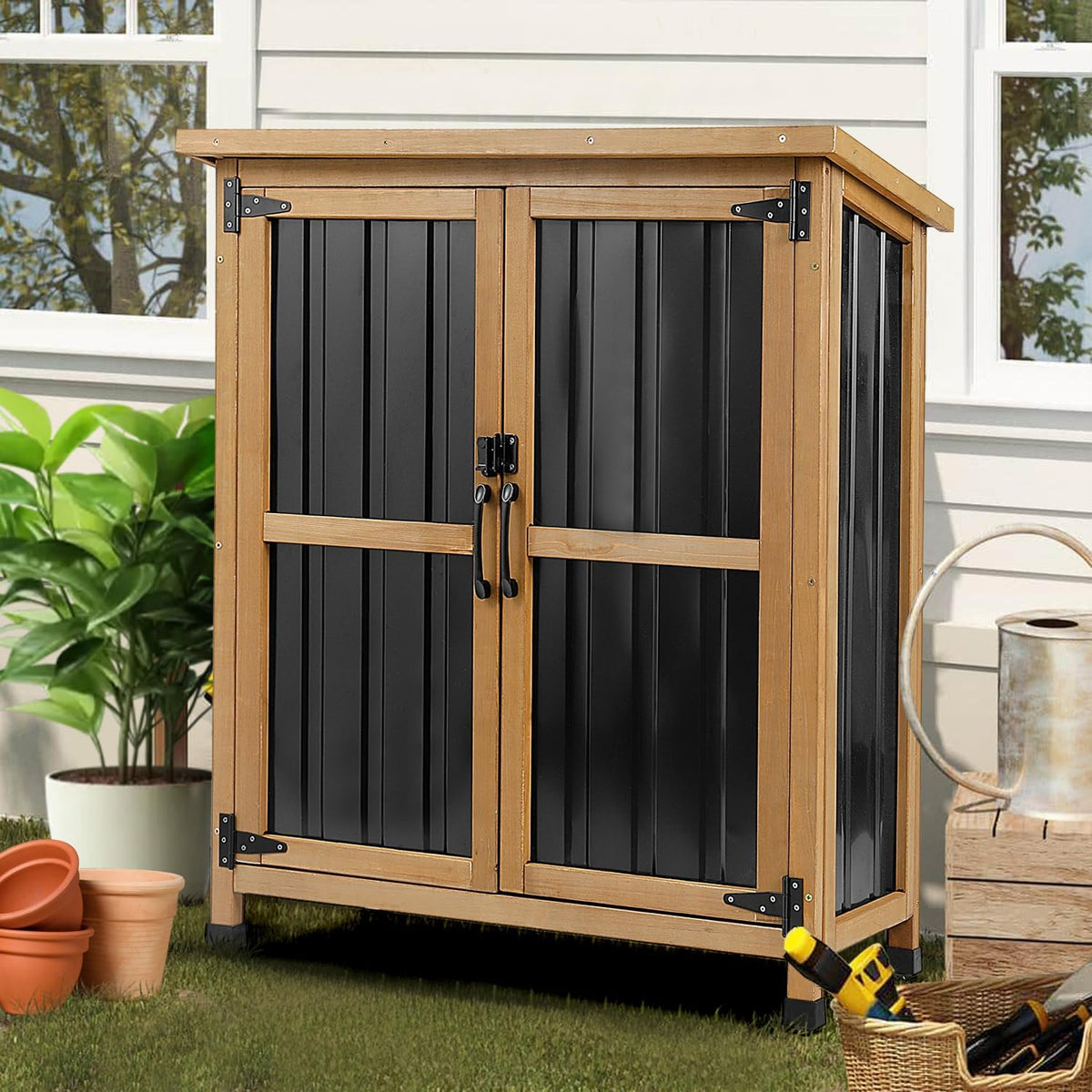 Weatherproof Outdoor Storage Cabinet with Lockable Doors, Wood & Metal Garden Storage Shed Patio Storage Box for Tools & Lawn Equipment, Pool Accessories