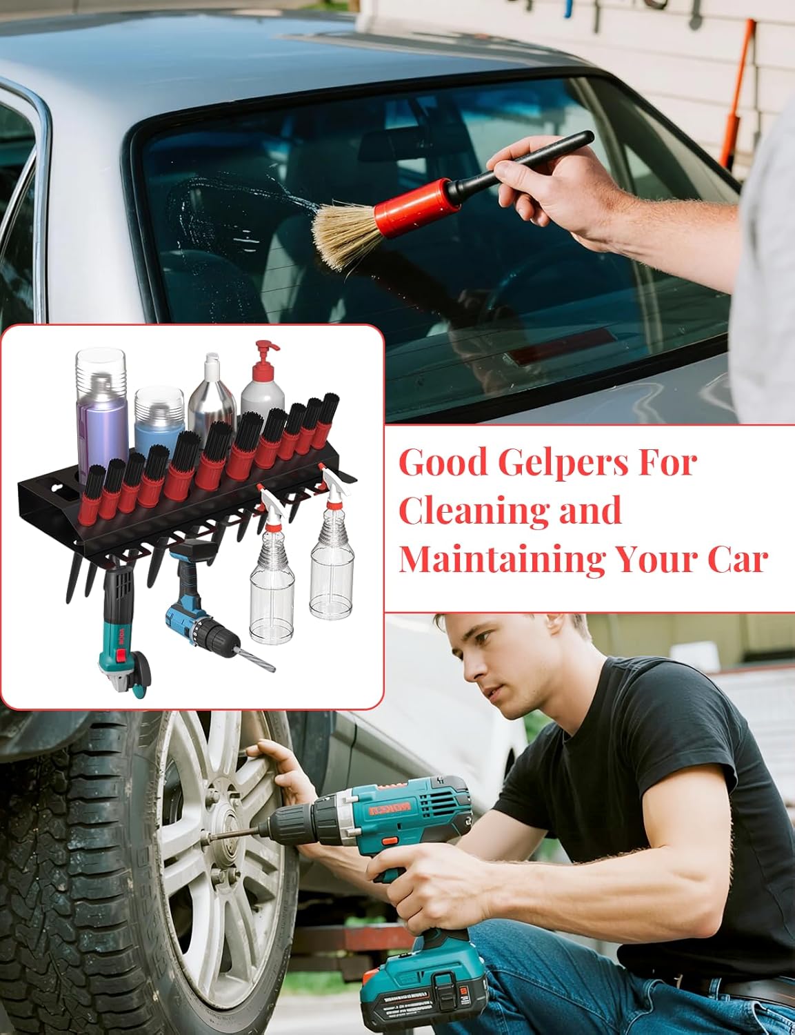 Spray Bottle Storage Rack, Wall Mount Bottle Organizer Car Detailing, Detailing Brush Organizer, Car Beauty Shop Accessory Display, 3/8" Air Tool Holder for Garage and Workspace, 1Pcs, Black