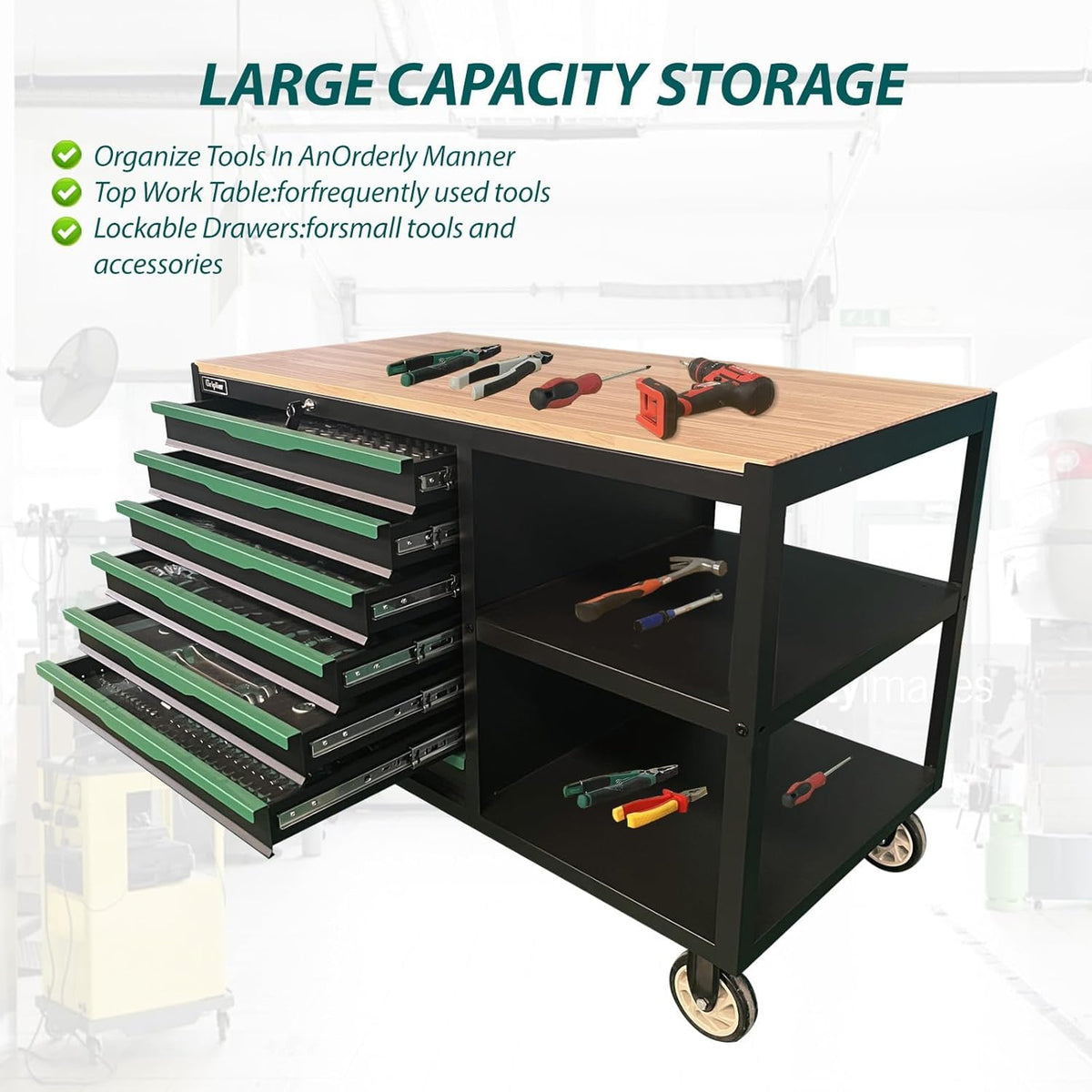 7-Drawers Professional Tool Cart Cabinet,Rolling Tool Chest with Double Shelves,Wood Workbench,Brake Wheels,51.1W x 18.9D x 32.3H inches for Garage, Workshop, or Outdoor Use(7 Drawers)