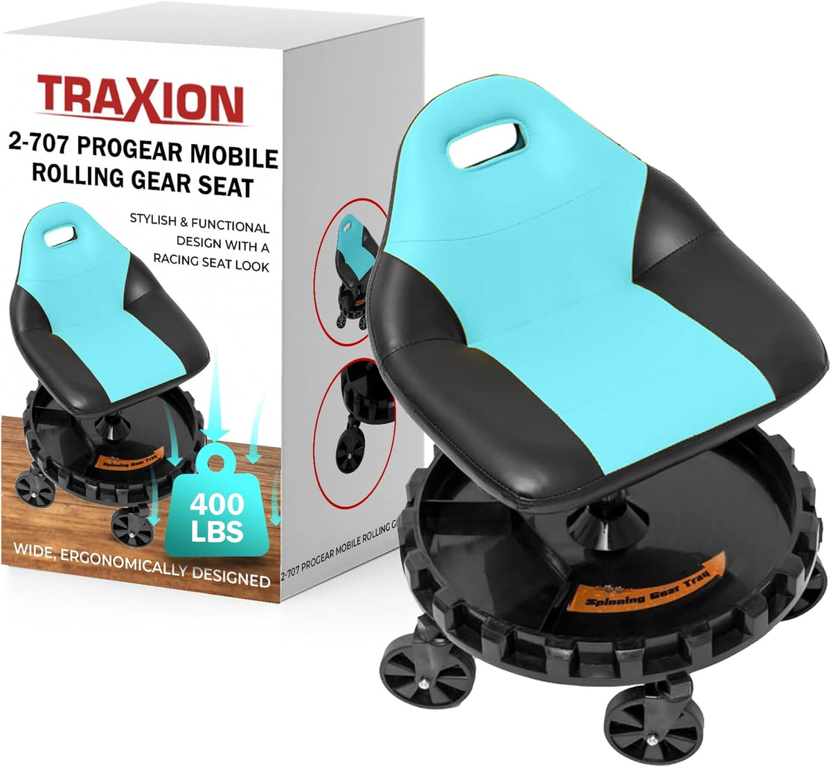 Traxion 2-707 Progear Mobile Rolling Gear Seat – Aqua Edition with Adjustable Height, Equipment Tray, and Five 5" All-Terrain Casters for Mechanics and Workshop Use