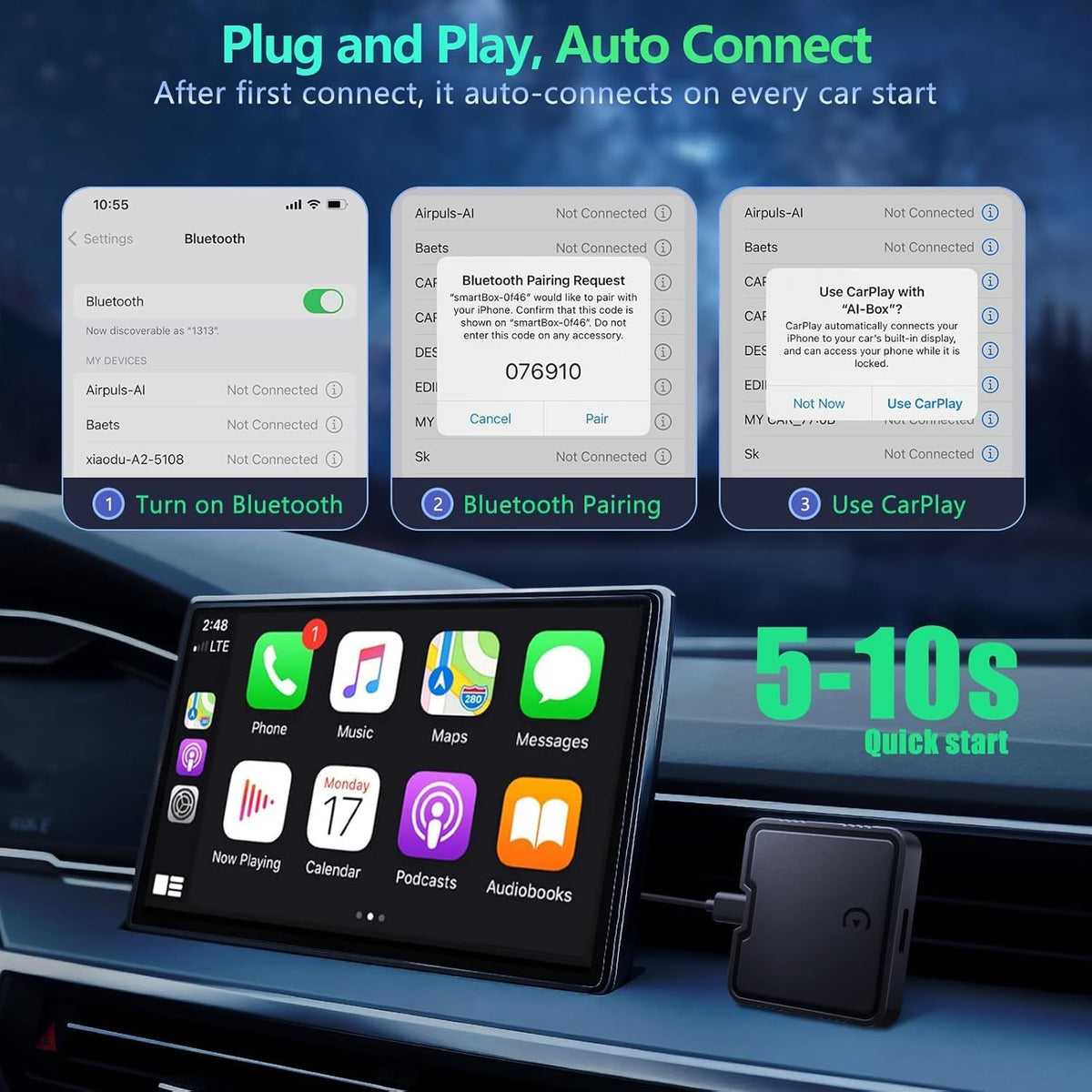 Wireless CarPlay Adapter for Convert Wired to Wireless Car Play Adapter Fast Stable Connection 2025 Upgrade Ai Box Car Play Support Netflix, YouTube, TF Card Plug Connection Cars from 2015 & iOS 10+