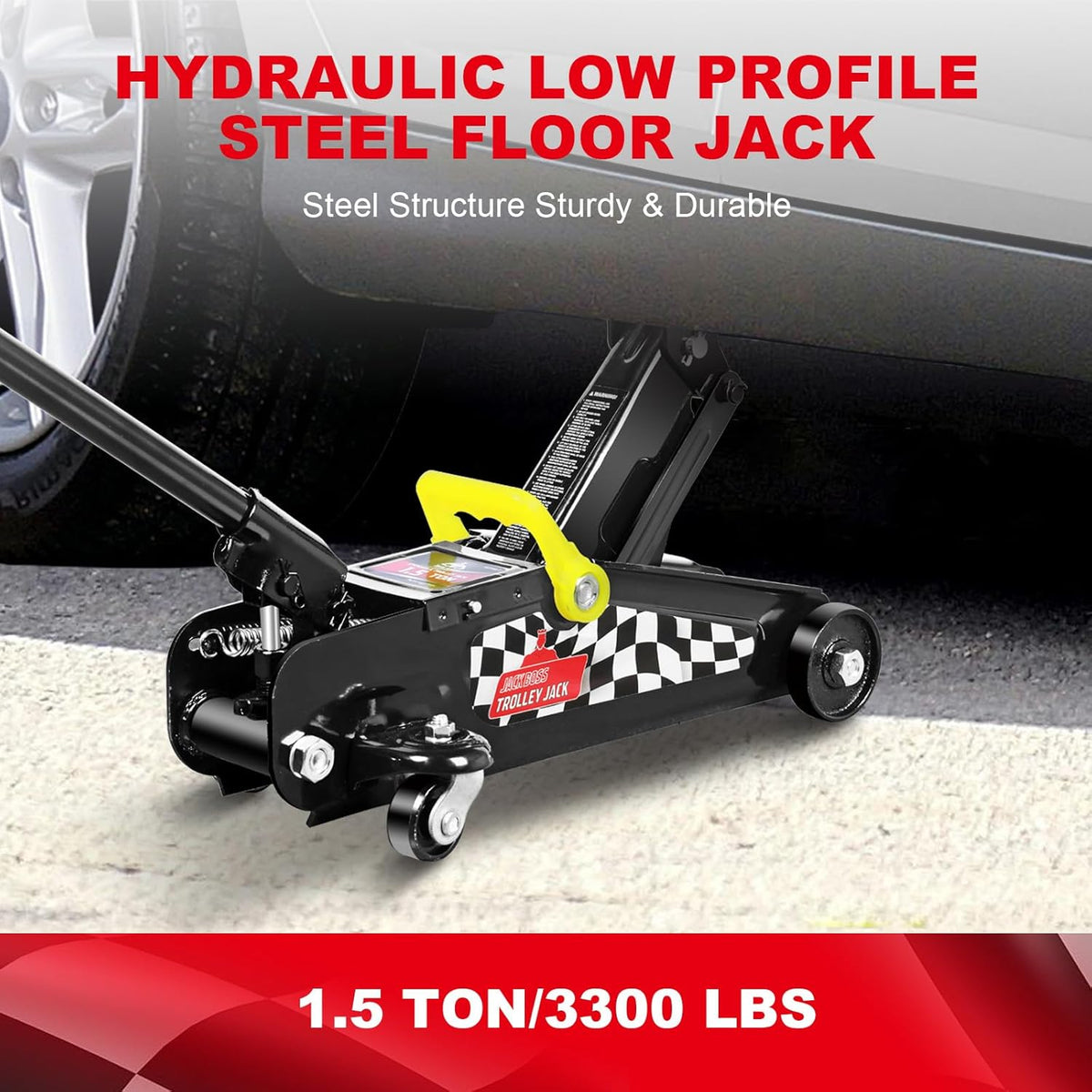 Floor Jack 1.5 Ton (3,000 LBs) Hydraulic Car Jack, Lifting Range from 5.1 Inch to 12.6 Inch, Fits Sedans Automotive Black