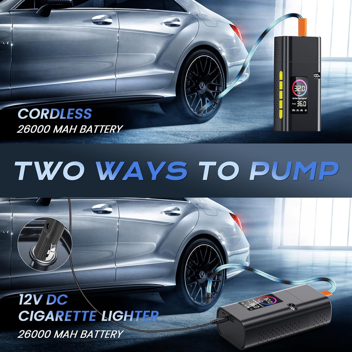 180PSI Tire Inflator Portable Air Compressor, 26000mAh Portable Tire Inflator for Car,5X Fast Electric Bike Air Pump with Digital LCD Pressure Gauge/LED Light/Power Bank, Bike, Motorcycle, Ball