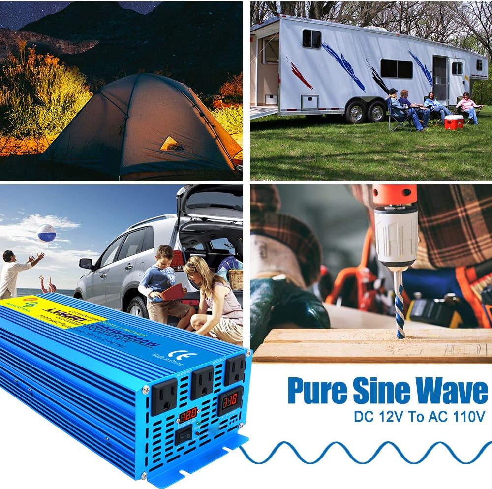 LVYUAN 2000 Watt Pure Sine Wave Inverter 12V to 110V 120V DC to AC with 3 AC Sockets, LED Display, Car Power Inverter for Vehicles Home RV Camping Truck Solar System