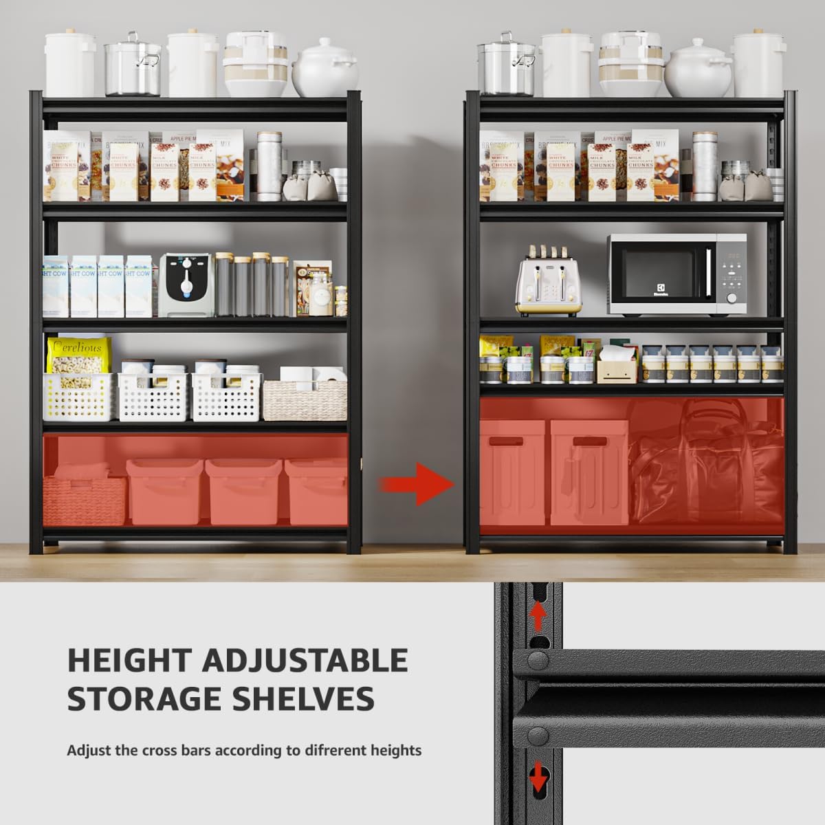 5 Tier Metal Shelving Unit, 72" H x 48" W Adjustable Storage Shelves, Heavy Duty Garage Shelves for Warehouse, Basement, Kitchen, Pantry, Living Room, 2500LBS, Black, 18" D