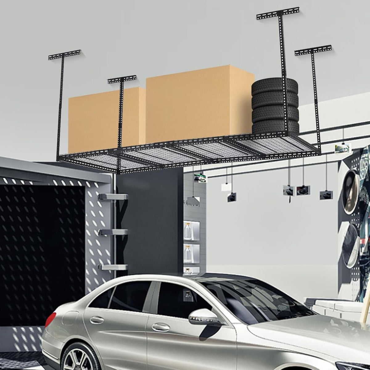 Overhead Garage Storage Rack 4x8 FT, Steel Ceiling Shelves 330lb Capacity, Height Adjustable 22-40 Inches, Space-Saving for Attic Basement Shed (Black, 4 Posts)