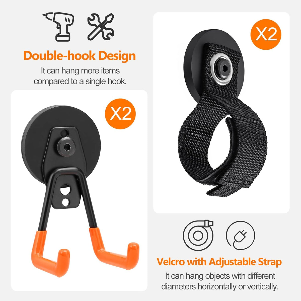 Homde Heavy Duty Magnetic Hook, 2 Velcro Strap and 2 Magnet Holder Combine, 2.6 inch Strong Utility Garage Hanger for Workshop,Toolbox, Storage (2 Black + 2 Orange)