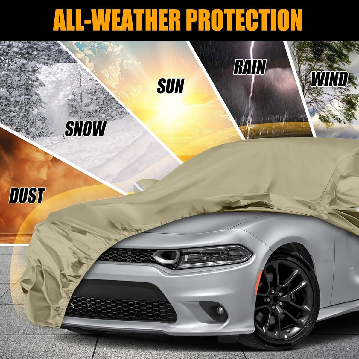 Waterproof Car Covers Replace for 2006-2025 Dodge Charger/Chrysler 300 300C, Multilayer Heavy Duty with Cotton Liner All Weather Car Cover with Zipper Door, Windproof Bands for Snow Rain Protection