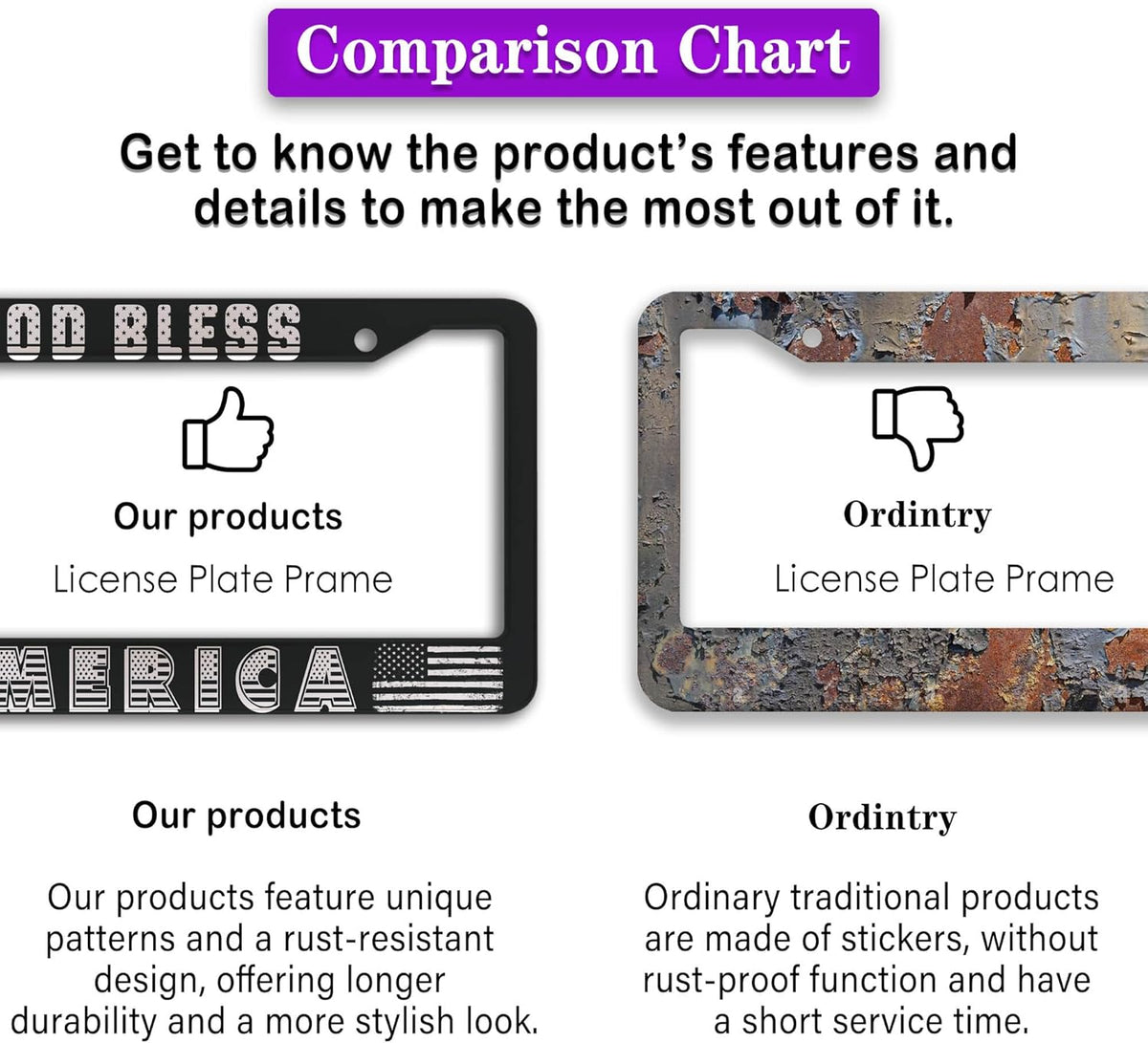 License Plate Frames Black and White License Plate Frame God Bless America Aluminum Metal Car Accessory 2 Pack with Screw Covers Set