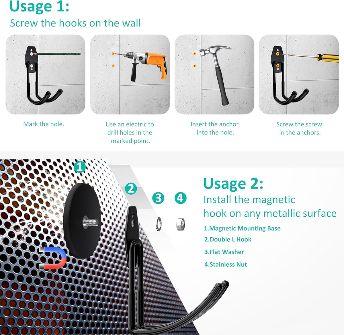 ENUODA Strong Magnetic Hooks Heavy Duty - Magnetic Tool Holder Large Magnet Garage Hooks for Hanging Power Tools, Ladder, Bike, Shovel, Hose, Extension Cord, 2 PCS