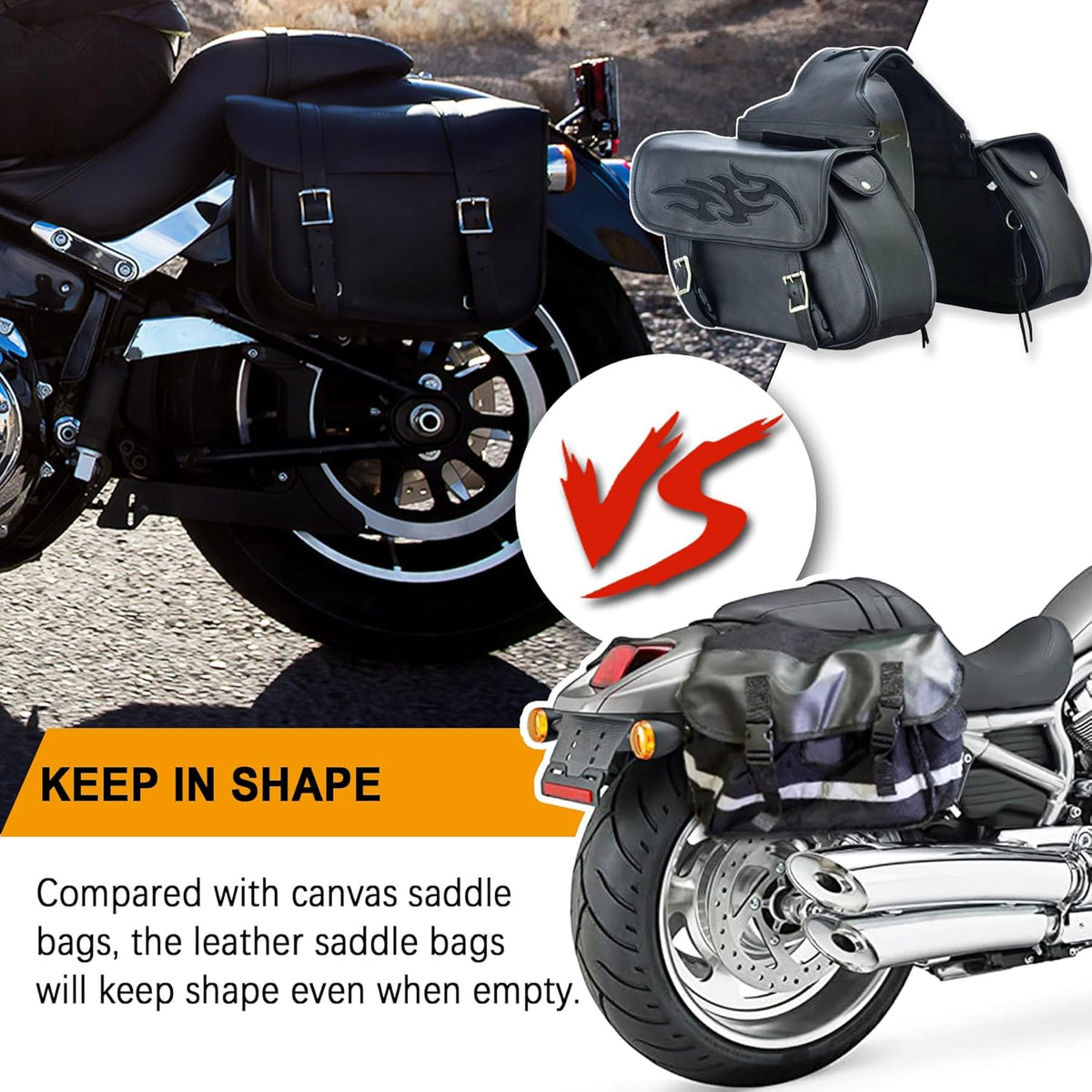 Dream Apparel Naked Cowhide Leather Motorcycle Saddle Bags Throw Over Saddlebags, Motorcycle Side Bags for Honda Shadow Sportster Softail Dyna V-star (Black, No Studs)