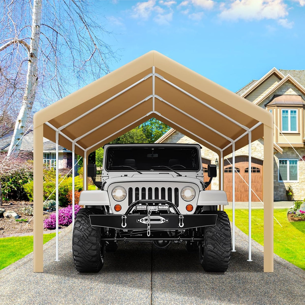 COBIZI Carport Canopy 12x20 Heavy Duty Car Tent Garage, Galvanized Frame Car Canopy Outdoor Shelter Waterproof & UV Protected with Built-in Sandbags & All-Season Tarp for Car Boat Truck, Khaki