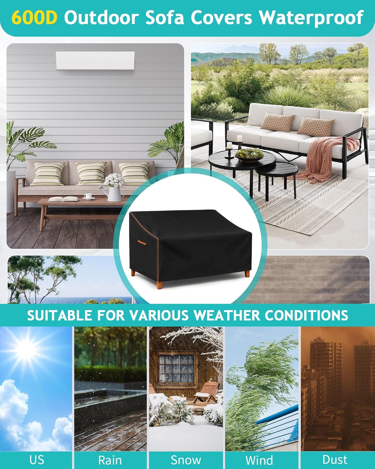 Outdoor Sofa Cover, Waterproof Patio Furniture Cover 60W x 36D x 33H inches Heavy Duty 600D Oxford Fabric Black