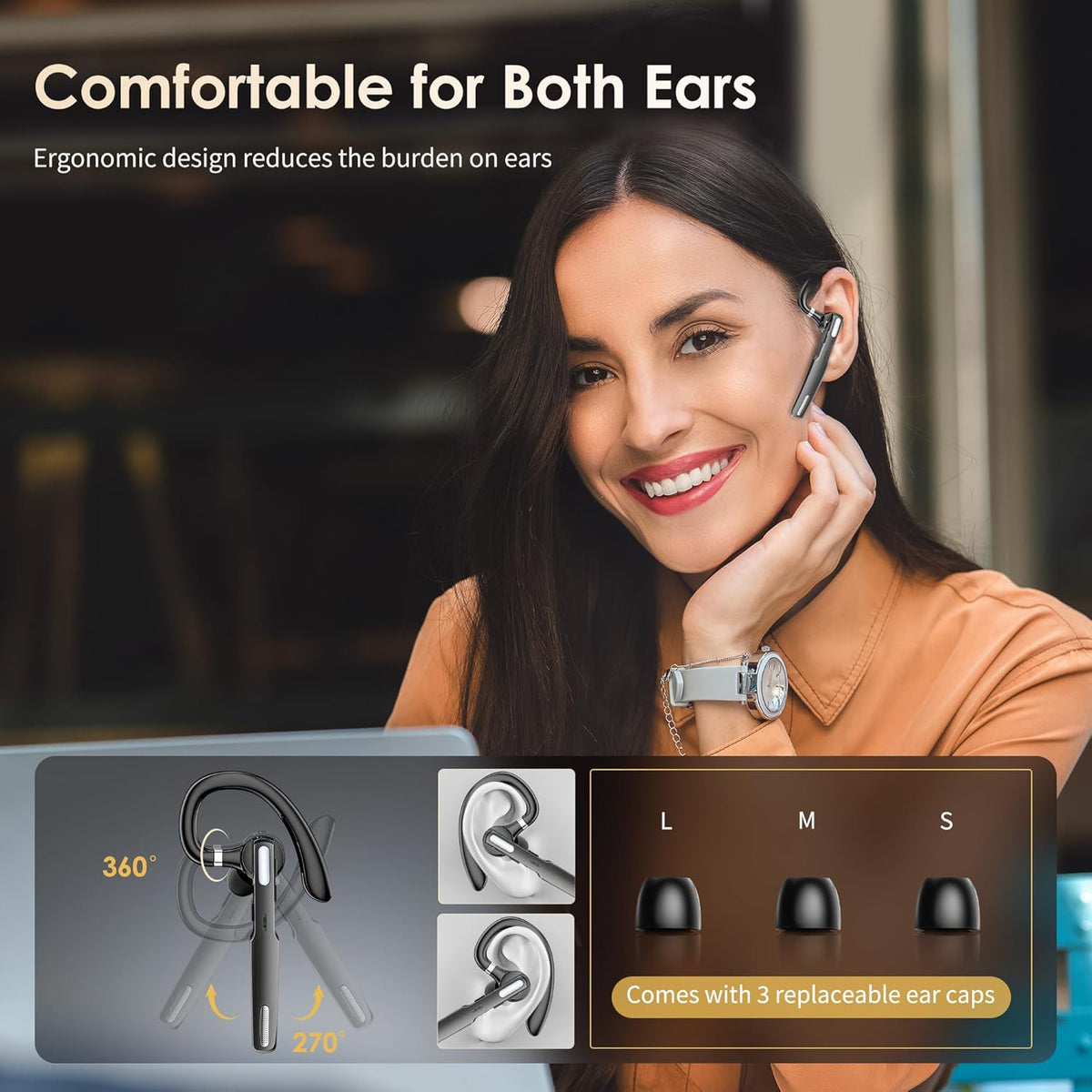 Bluetooth Headset, Wireless Bluetooth Earpiece V5.0 Hands-Free Earphones with Built-in Mic for Driving/Business/Office, Compatible with iPhone and Android (Gray)
