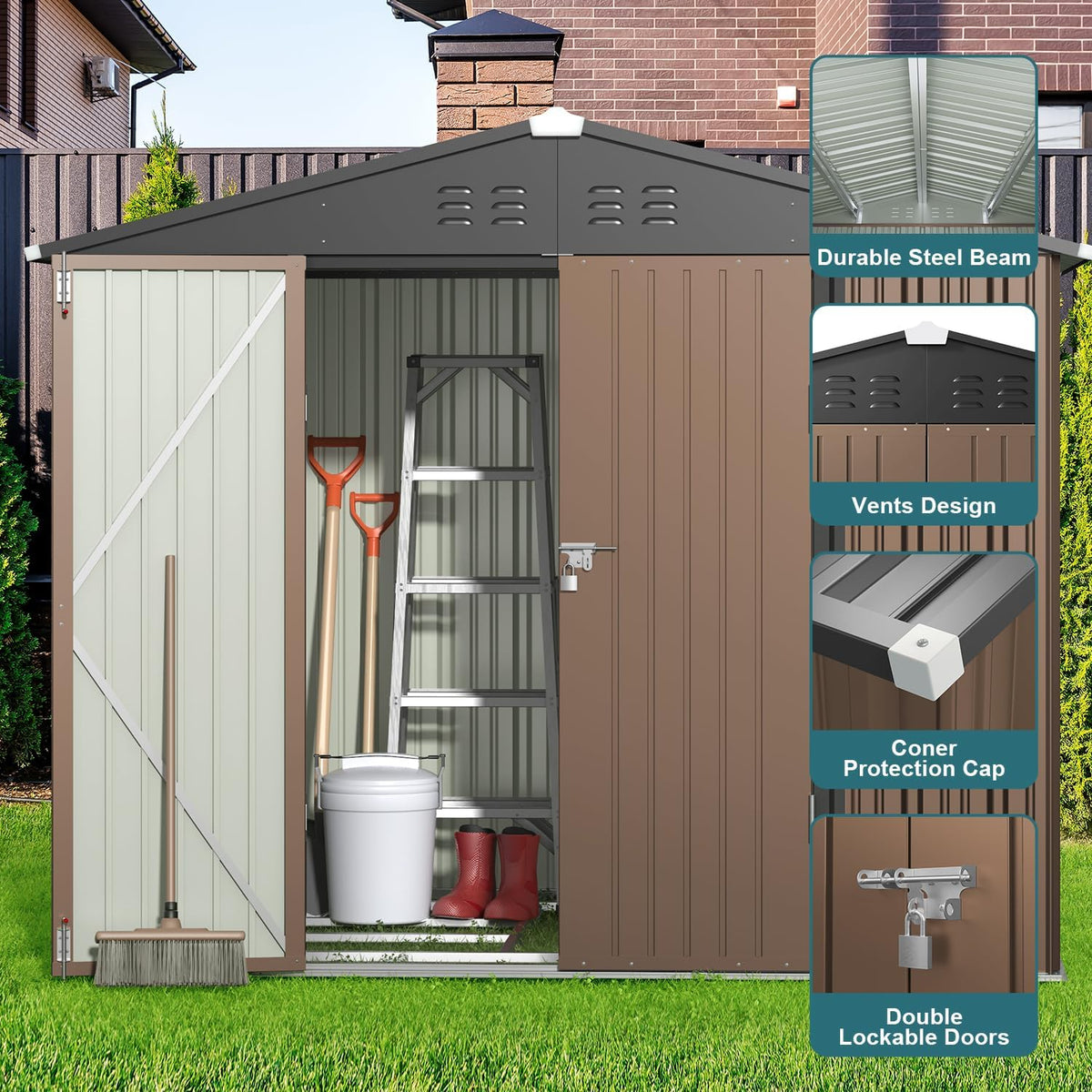 Gizoon Outdoor Storage Shed 8 x 6 FT, Galvanized Metal Garden Shed with Double Lockable Doors, Outdoor Storage Clearance for Backyard Patio Lawn-Light Brown