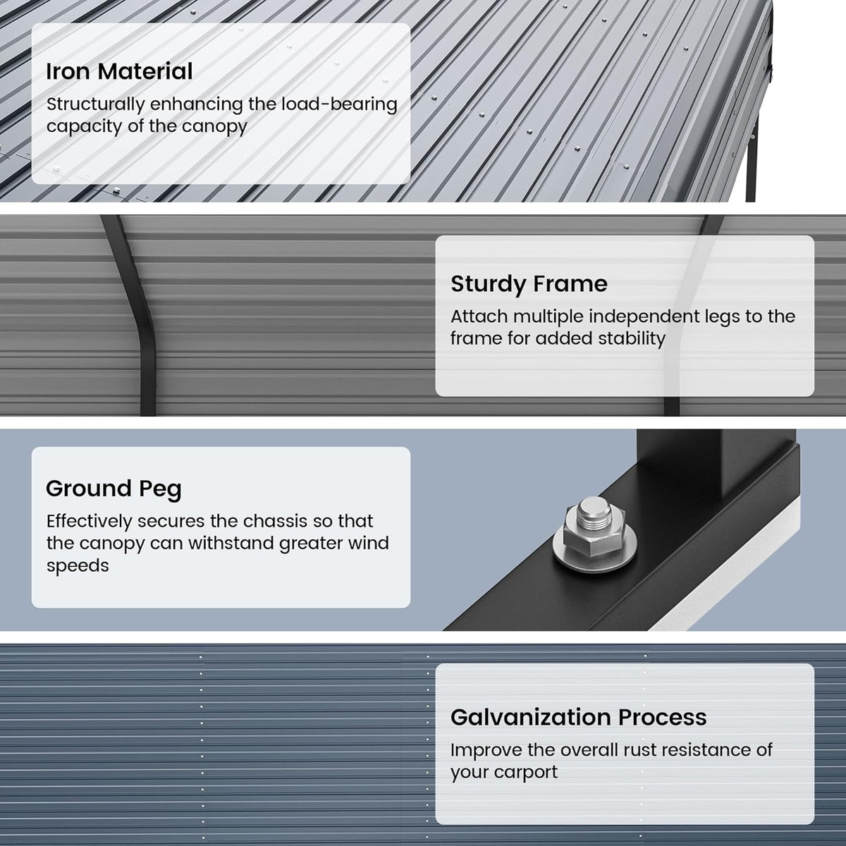 12'x20' Heavy Duty Metal Carport, Outdoor Garage Car Shelter Shade with Heavier Frame, Galvanized Roof for Car and Boats, Grey
