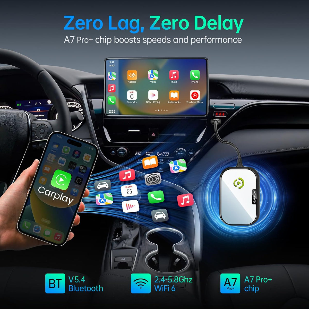 Wireless CarPlay Adapter for Apple iPhone, Converts Factory Wired CarPlay to Wireless CarPlay 2024 Upgrade Plug & Play Auto Connect for Cars from 2015 & iPhone iOS 10+ Black Not for Tesla & Andorid